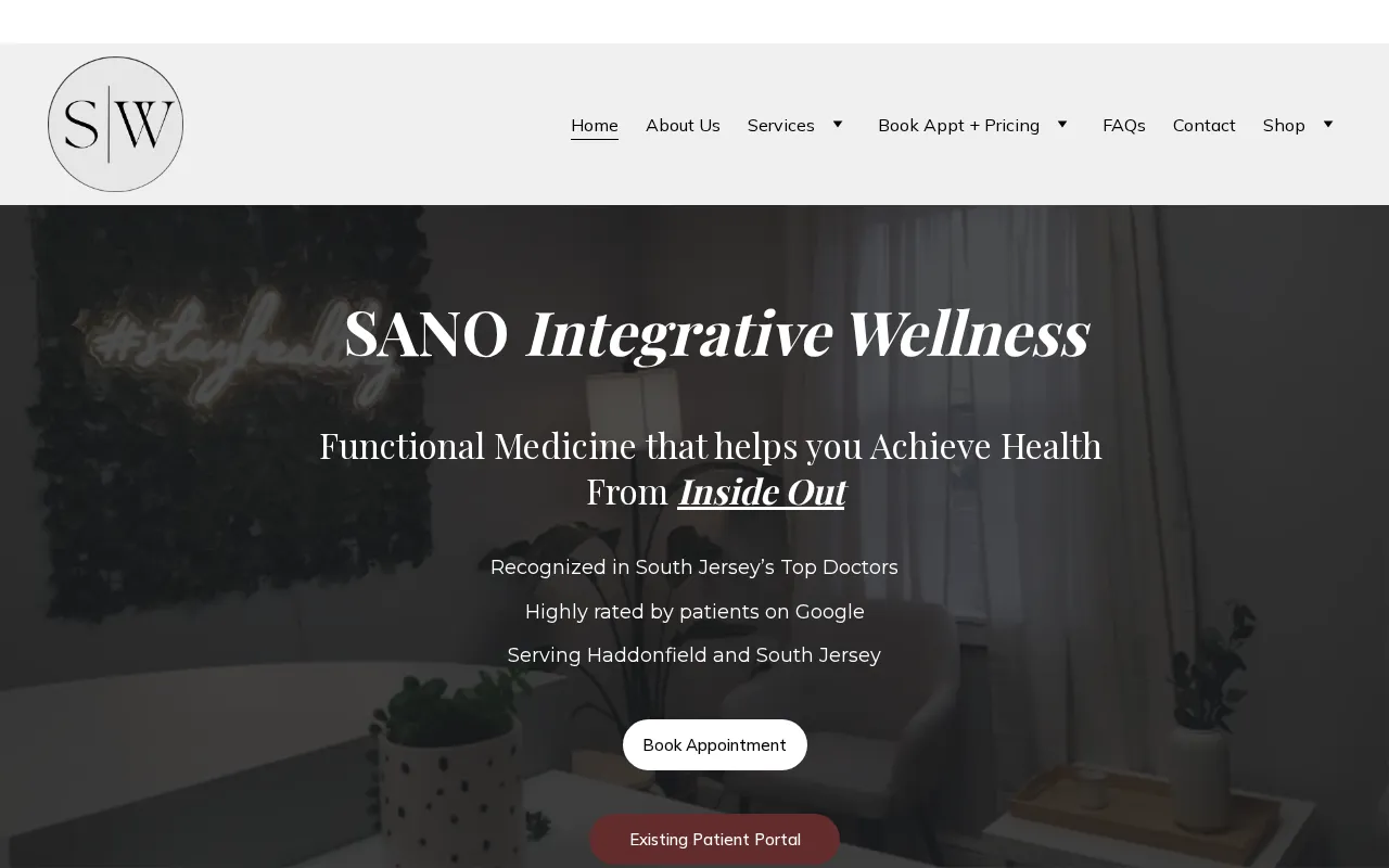 Current SANO Integrative Wellness website, updated with design follow-up
